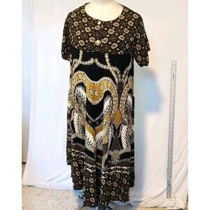 Kencana Ungu Batik Women's S Dress Black & Gold Print Indonesia Empire Waist